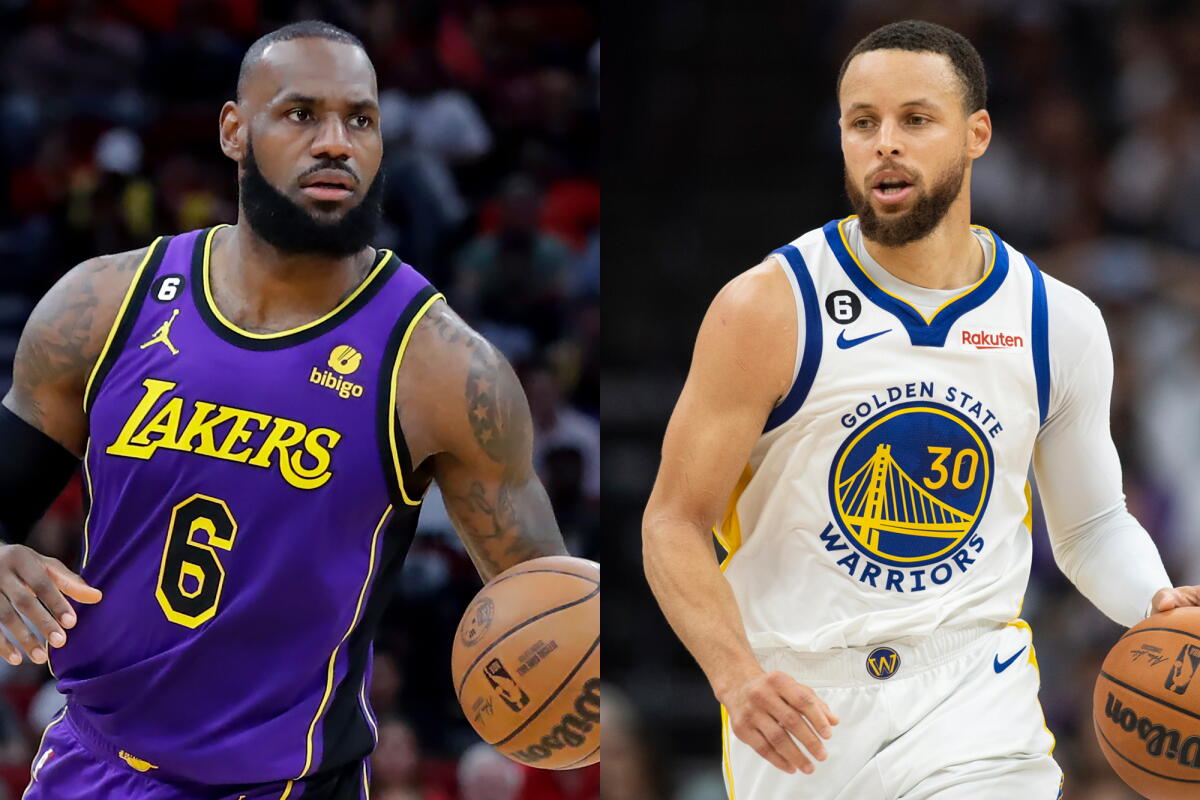 LeBron James, left, and Stephen Curry, each dribbling a basketball, in side-by-side photos.