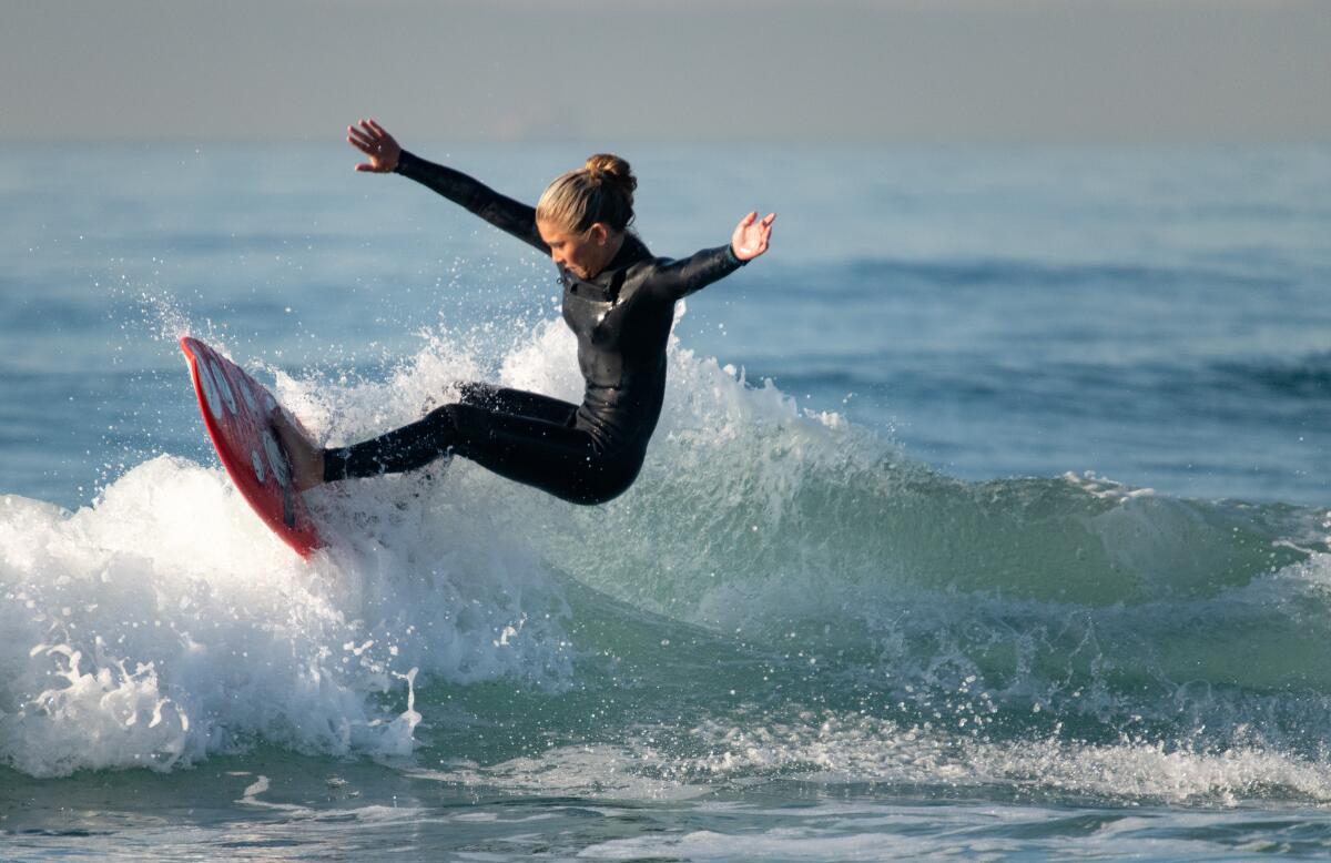 Mia McLeish of the USA Surfing Junior National Team practices in Huntington Beach.