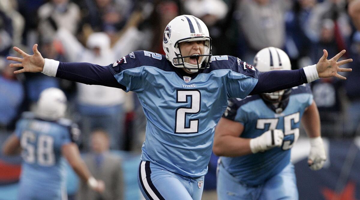Tennessee Titans kicker Rob Bironas runs off the field after kicking a 60-yard field goal to beat the Indianapolis Colts in 2006. He was killed in a vehicle accident Sept. 20.