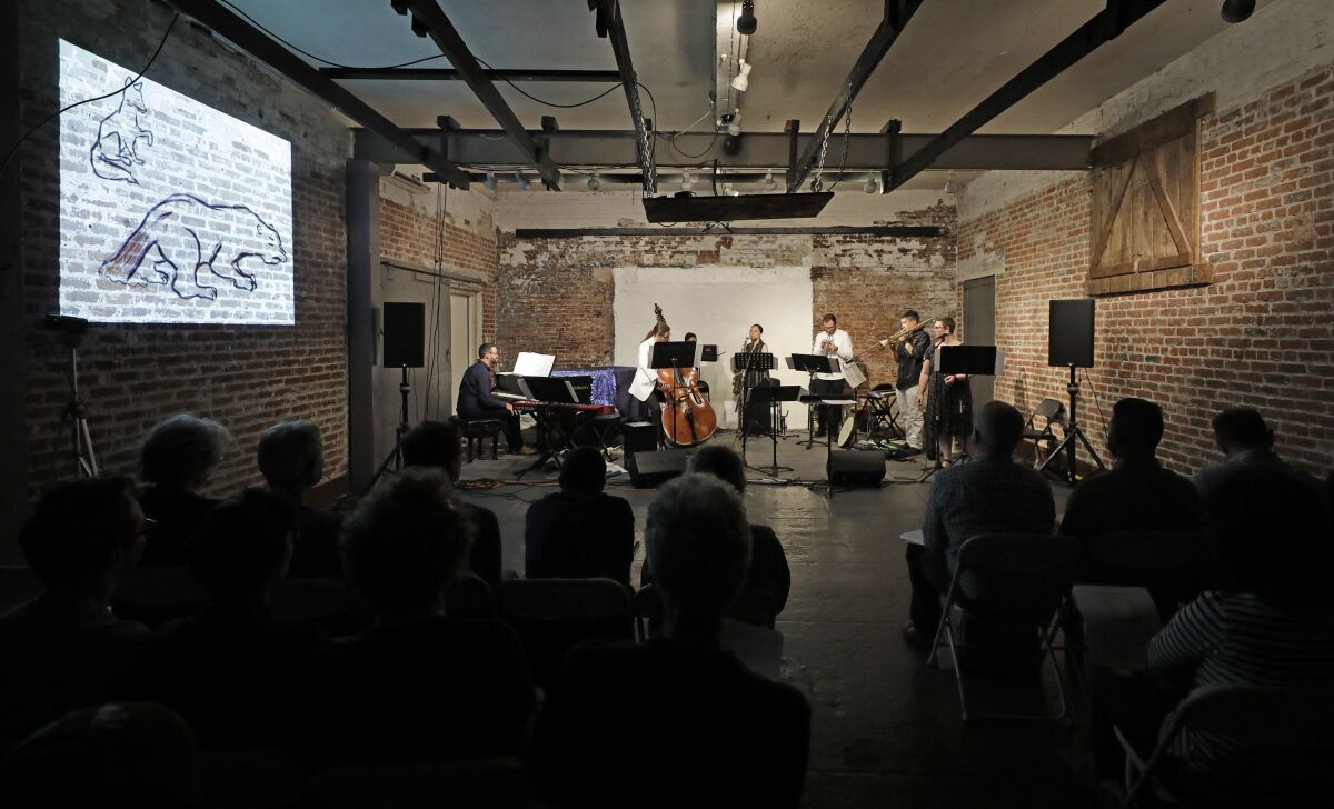 L.A. Signal Lab performs the "Why Bear Has No Tail" section from “URSA: an interstellar cantata” at its premiere Tuesday night at Monk Space.