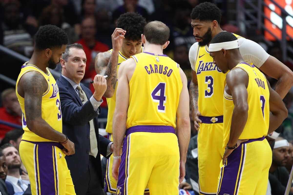 Lakers coach Frank Vogel talks with his team during a game against the Pelicans on Nov. 27, 2019, at Smoothie King Center in New Orleans.