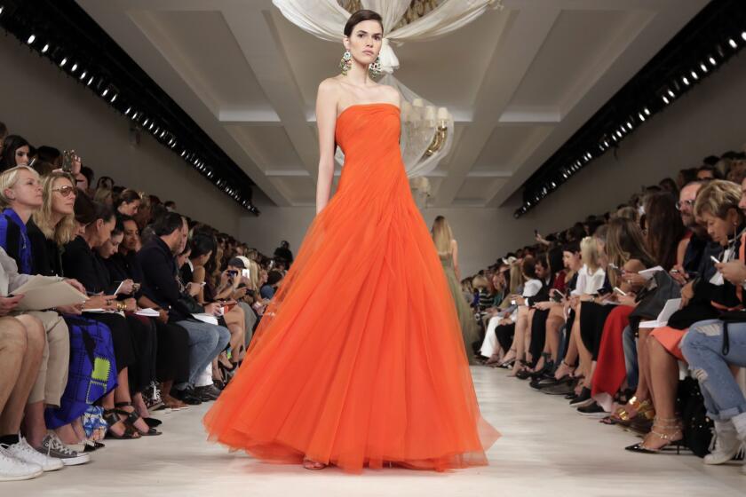 A model wears a dress from the Ralph Lauren Spring 2015 collection.