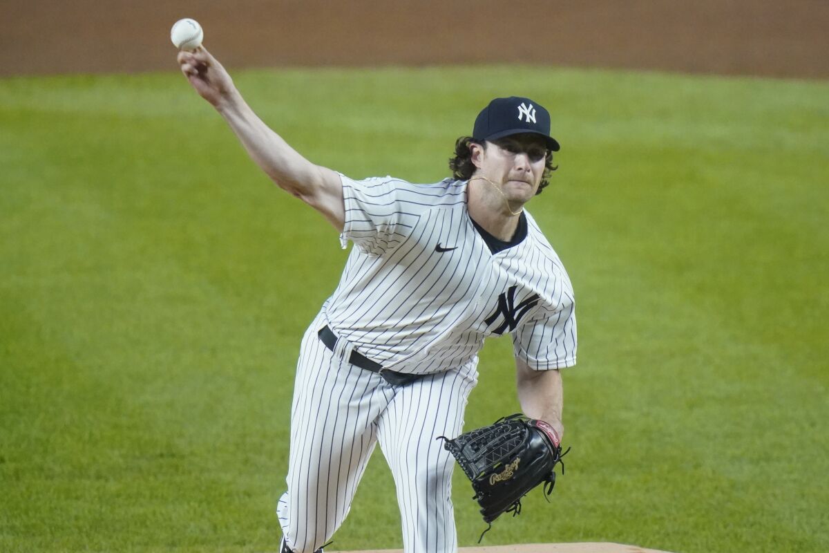 New York Yankees' Gerrit Cole delivers a pitch against the Toronto Blue Jays.