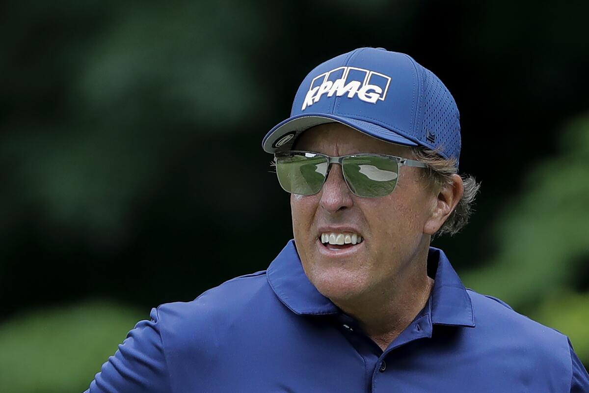 Phil Mickelson looks on during the second round of the Travelers Championship on June 26, 2020, in Cromwell, Conn.