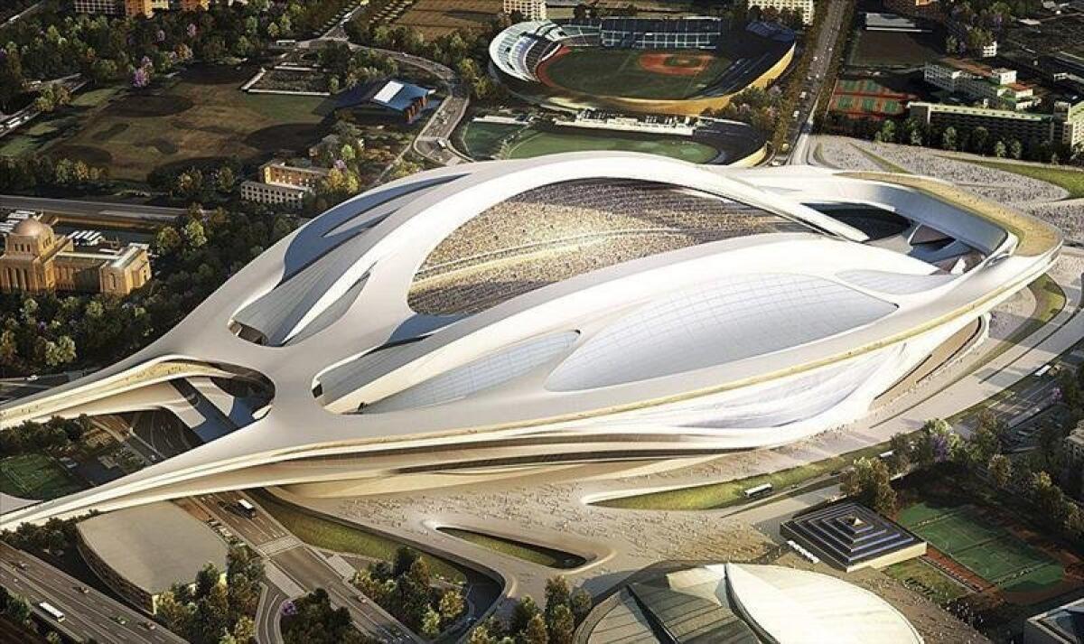Imagen facilitada por el Consejo de Deportes de Japón del proyecto de la angloiraquí Zaha Hadid que fue elegido para reformar el estadio olímpico de Tokio.
