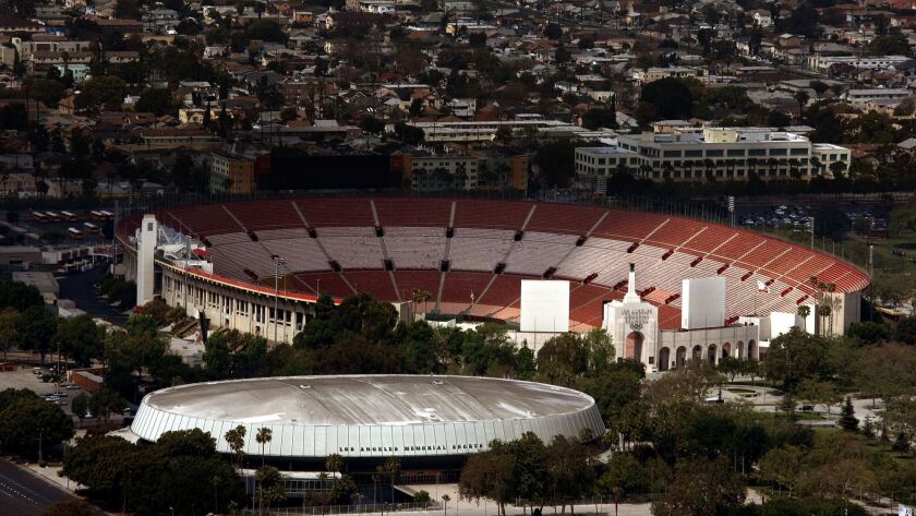 An aerial view of the Los Angeles Memorial Coliseum and the Los Angeles Memorial Sports Arena in Los Angeles on April 4, 2014.
