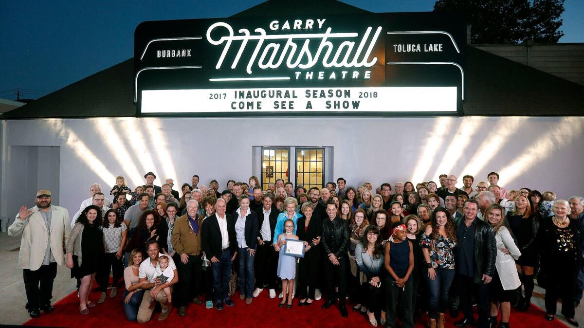 A group photo with family and friends of Garry Marshall at the official lighting of the marquee for the new Garry Marshall Theatre in Burbank on Thursday, September 21, 2017.