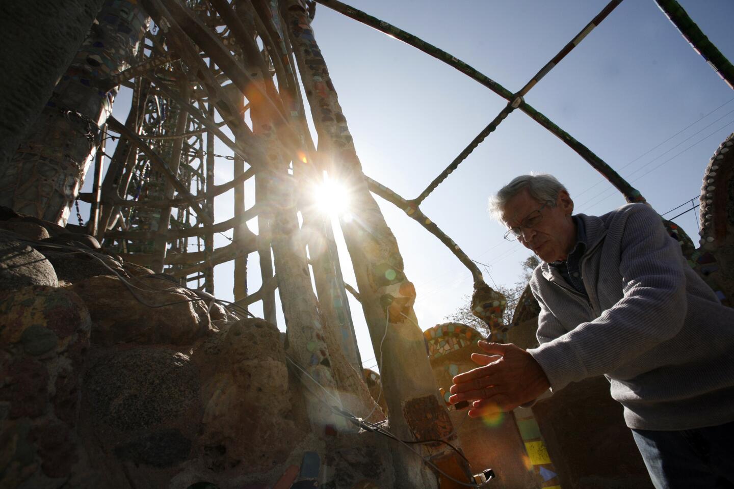 LACMA conservation scientist Frank Preusser has hooked the Watts Towers up to several devices. Three sensors track movements of the cracks, measuring wind gusts and minute vibrations.