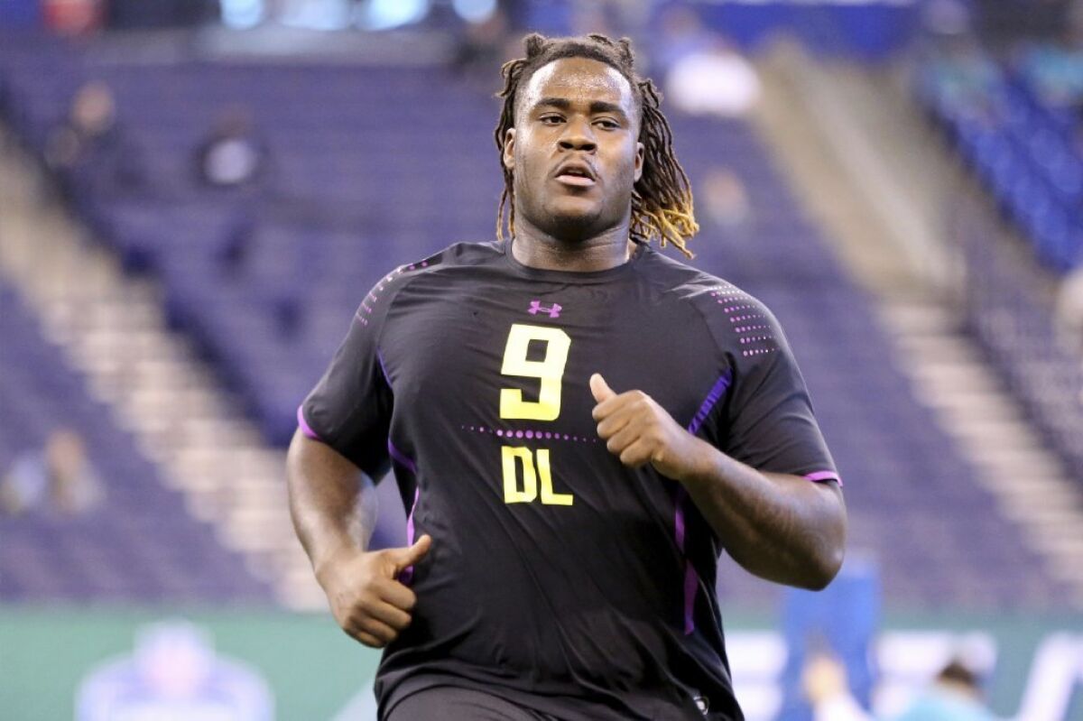 Defensive tackle Justin Jones takes part in a drill at the NFL scouting combine in Indianapolis on March 4.