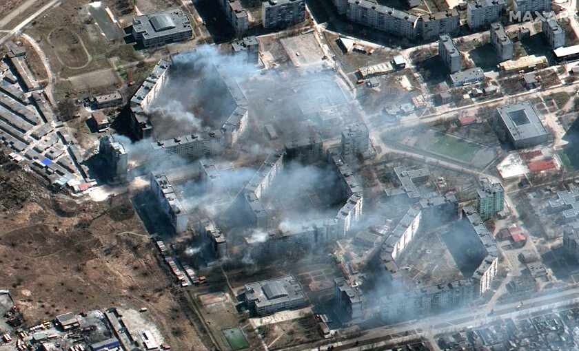 Smoke rising from a building in Mariupol, Ukraine