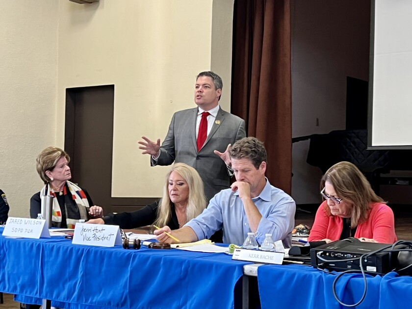 Jared Wilson, president of the San Diego Police Officers Association, speaks against the proposed PrOTECT Act ordinance.