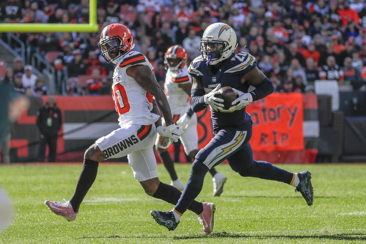 Chargers cornerback Desmond King II intercepts a pass intended for Cleveland Browns receiver Jarvis Landry at Firstenergy Stadium on Oct. 14.