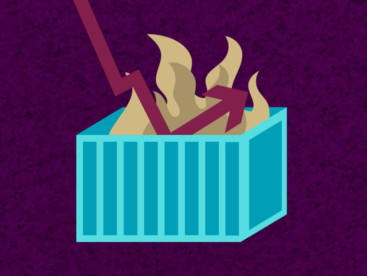 illustration of a stock market arrow dropping into a dumpster fire