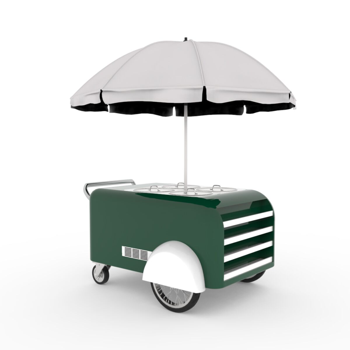 A rendering shows a tamale cart in a deep shade of green with an umbrella.