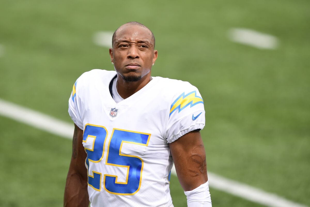 Chargers cornerback Chris Harris looks on prior to a game against Cincinnati on Sept. 13.