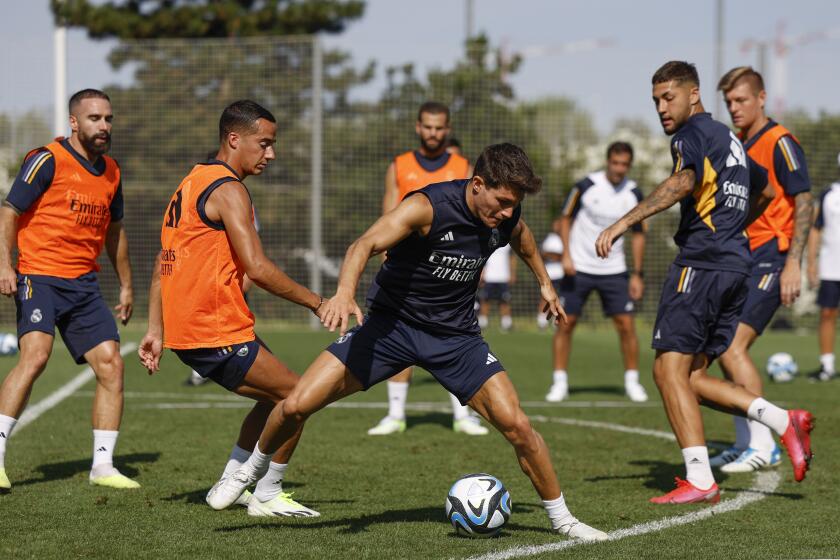 MADRID, SPAIN - JULY 16: Fran García, player of Real Madrid, is training with his teammates at Valdebebas.