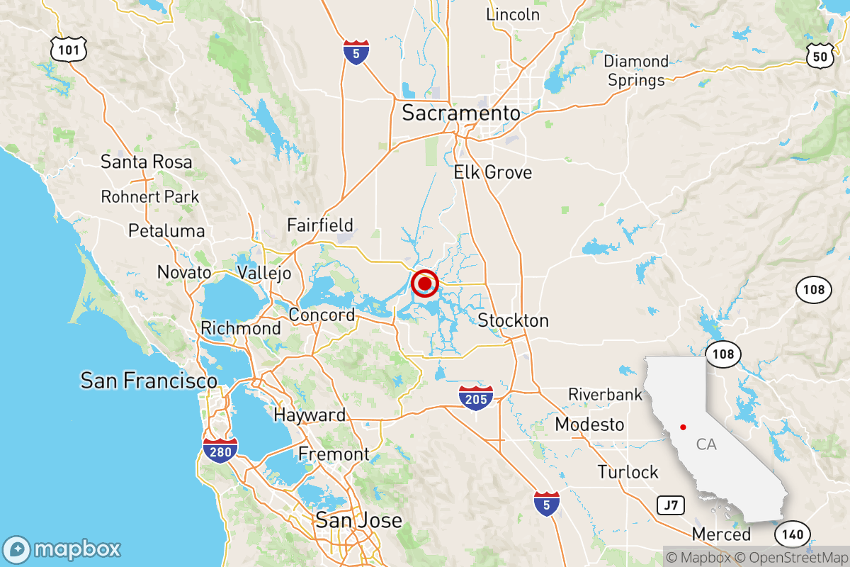 A map shows the epicenter of a magnitude 4.1 earthquake that hit near Oakley, west of Stockton near the Bay Area