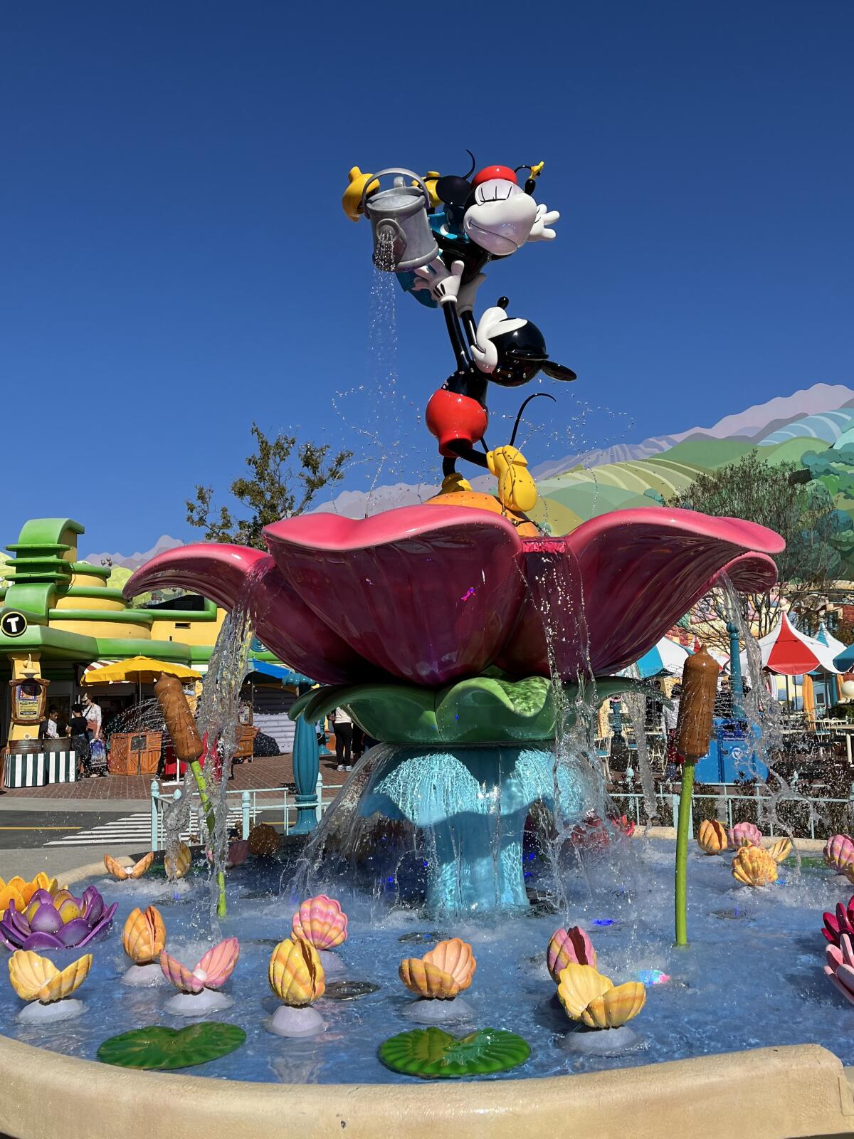 The water fountain at CenTOONial Park features water tables for kids to splash in at Mickey's Toontown at Disneyland.