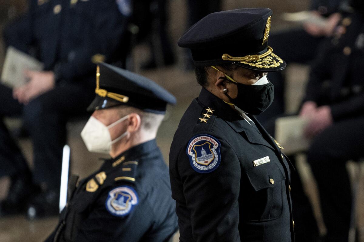 Acting Capitol Police Chief Yogananda Pittman departs a ceremony memorializing U.S. Capitol Police officer Brian Sicknick