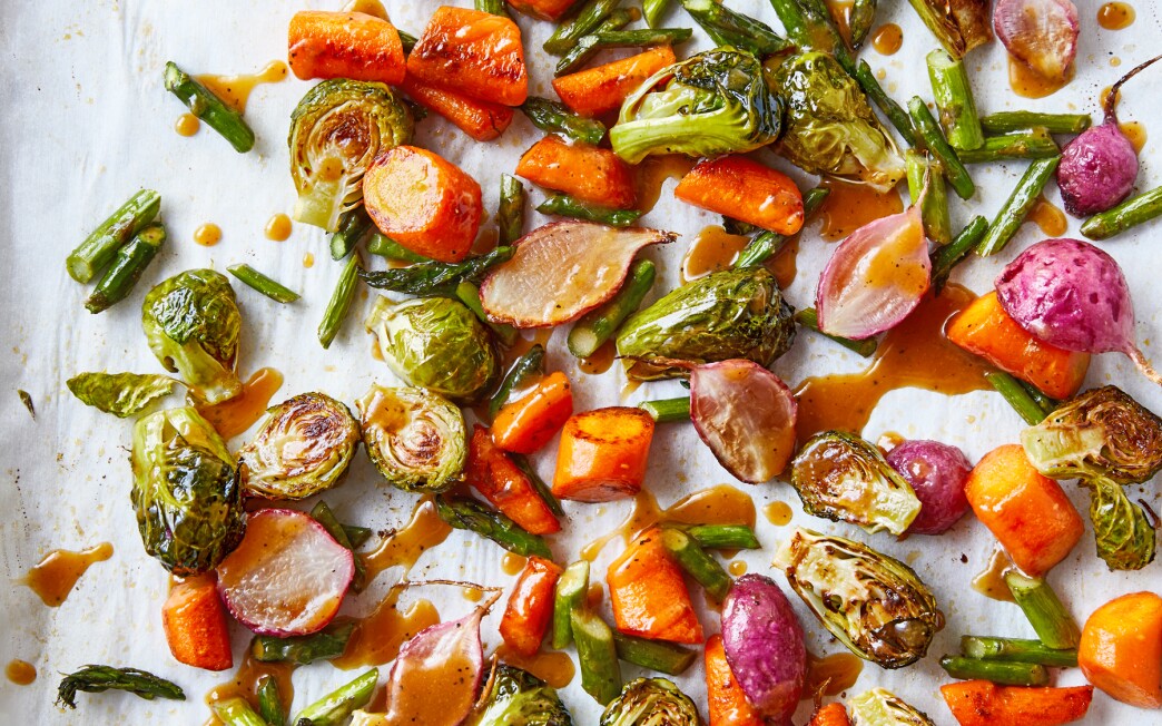 Umami roasted vegetables from the book "Umami Bomb: 75 Vegetarian Recipes That Explode With Flavor" by Raquel Pelzel.