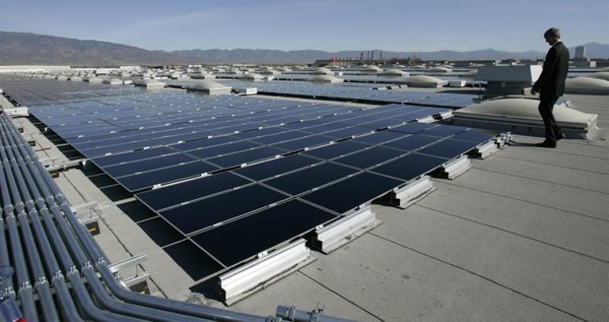 Solar panels cover the ProLogis distribution warehouse in Fontana. The 33,700 photovoltaic solar panels were the first on a Southern California commercial rooftop.