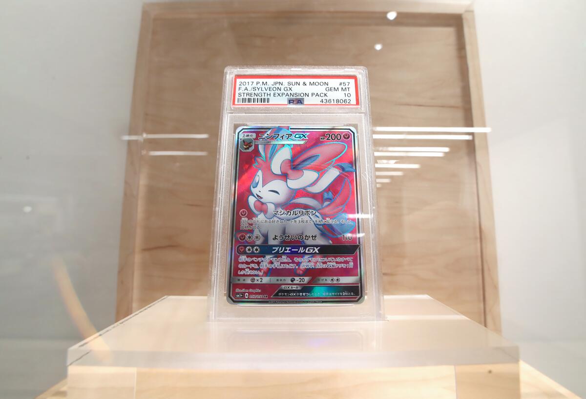 A collectible Pokémon trading card on display at the new PSA facility in Santa Ana.