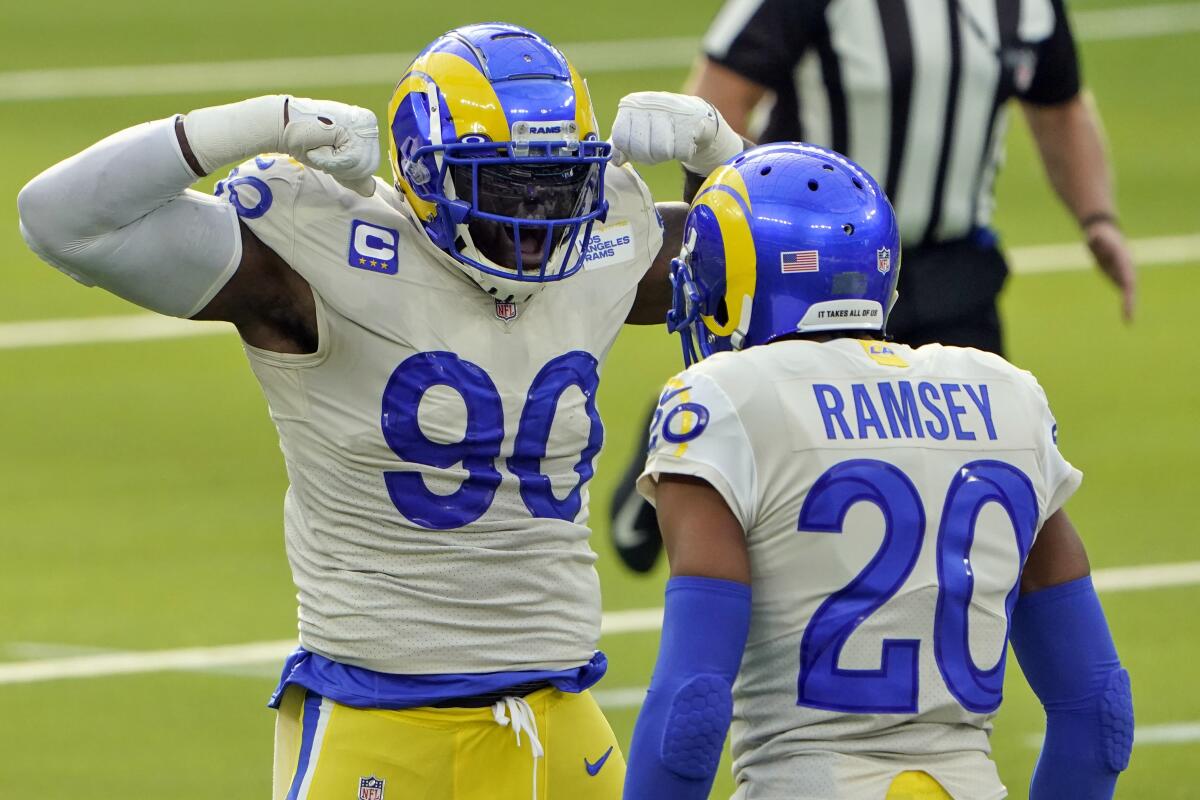 Los Angeles Rams defensive back Jalen Ramsey celebrates his