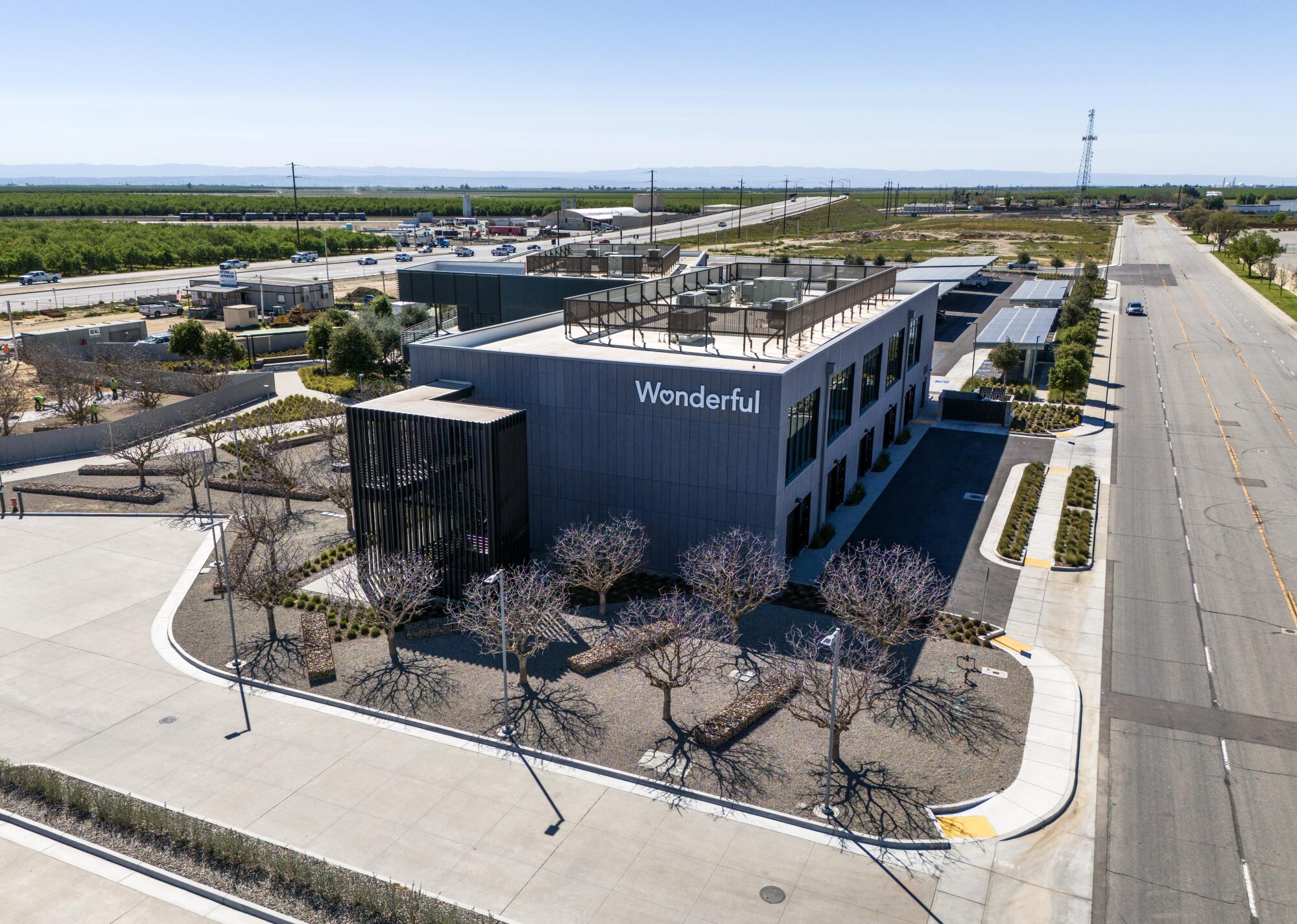 An aerial of Wonderful's building at the company's industrial park in Kern County. 