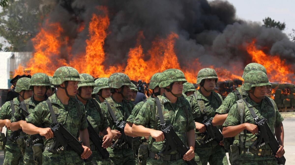Soldiers of the Mexican Army stand watch as seized drugs and alcohol are incinerated in Guadalajara, Mexico, on March 23.