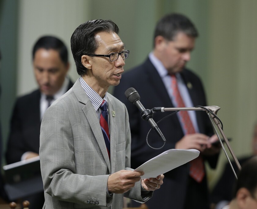 FILE - Assemblyman Ed Chau, D-Monterey Park, speaks on a measure before lawmakers during the Assembly session, Thursday, June 28, 2018, in Sacramento, Calif. Gov. Gavin Newsom appointed Chau on Monday, Nov. 29, 2021, to fill the vacancy created by the retirement of Los Angeles County Superior Court Judge Robert J. Perry. (AP Photo/Rich Pedroncelli, File)