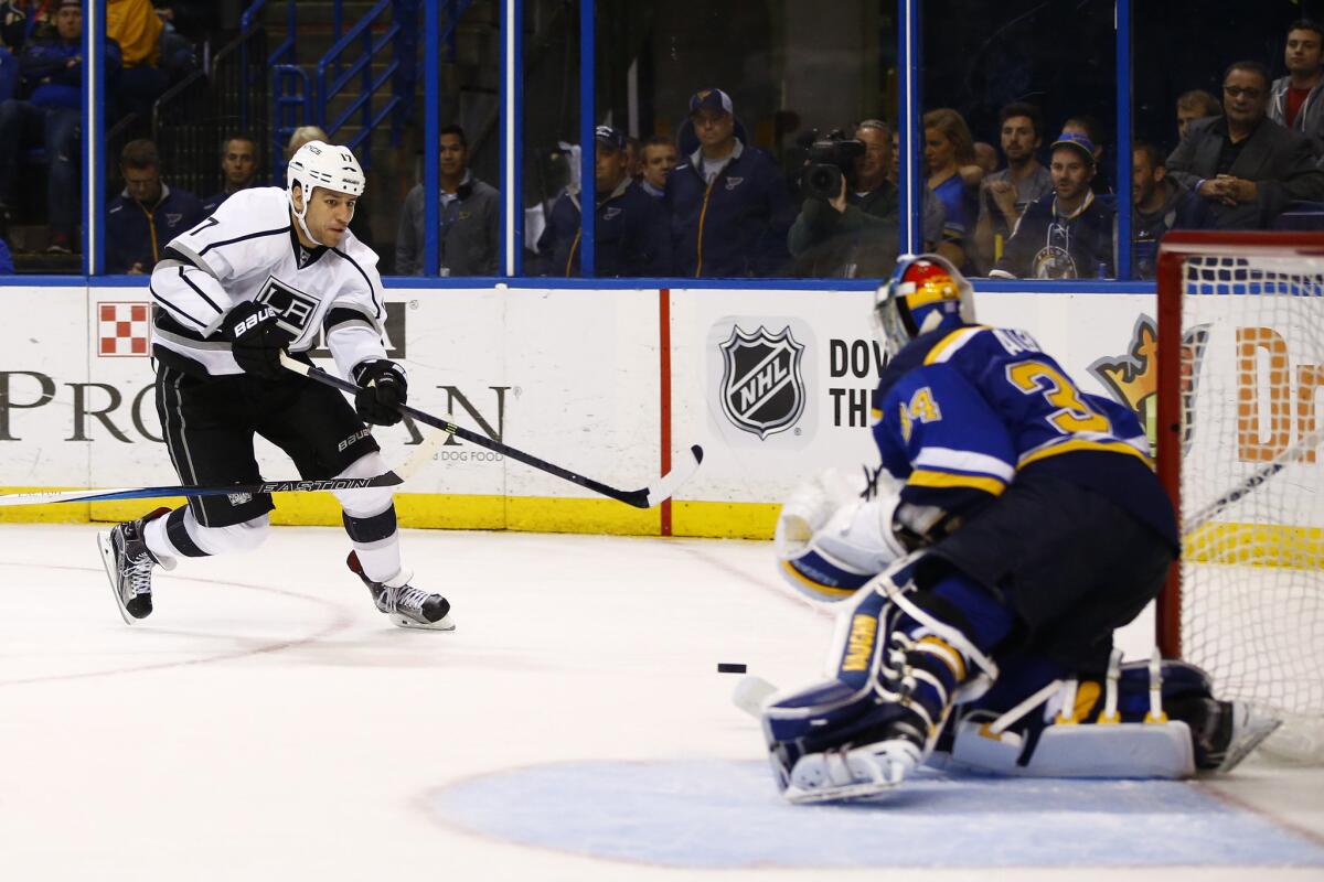 Kings forward Milan Lucic puts a shot on St. Louis Blues goalie Jake Allen during the third period of a game on Nov. 3. The Kings won, 3-0.