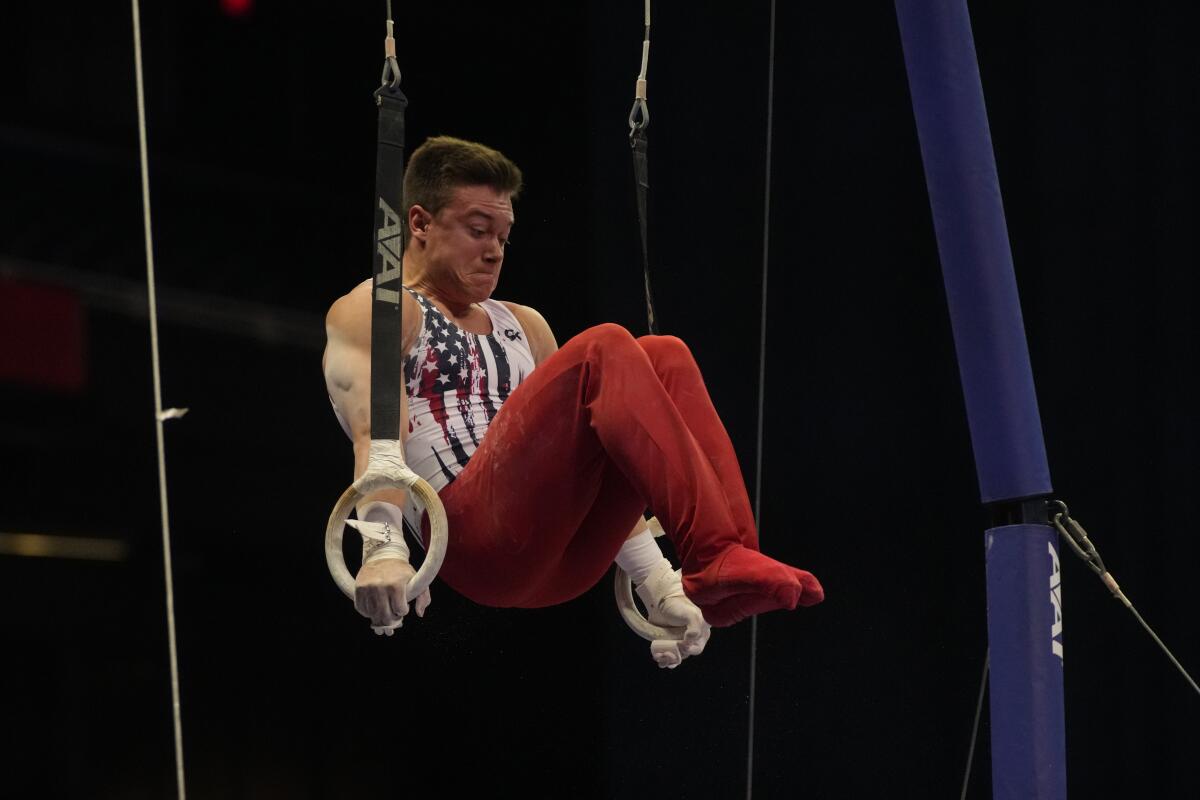 Brody Malone competes on the rings June 26, 2021.