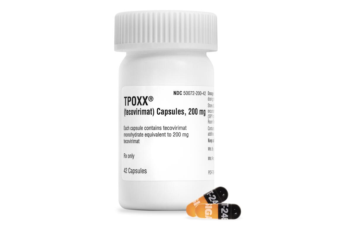 A bottle of Tpoxx, the only drug currently available to treat MPX.
