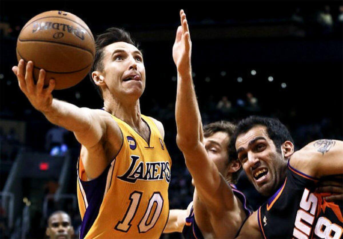 Lakers guard Steve Nash continues to have problems with a sore hamstring and hip.