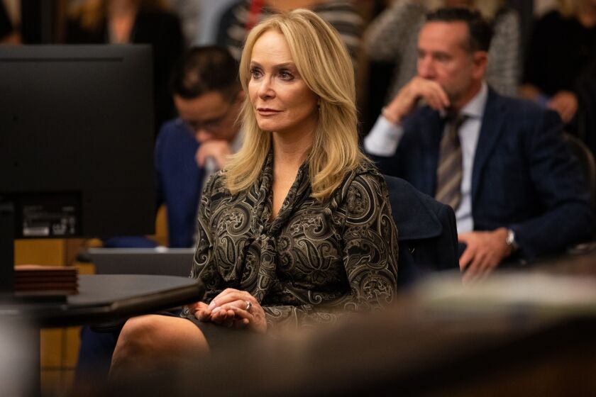Former KUSI anchor Sandra Maas listens to closing arguments during her trial against McKinnon Broadcasting Co., which owns KUSI, at the Hall of Justice on Wednesday, March 8, 2023.