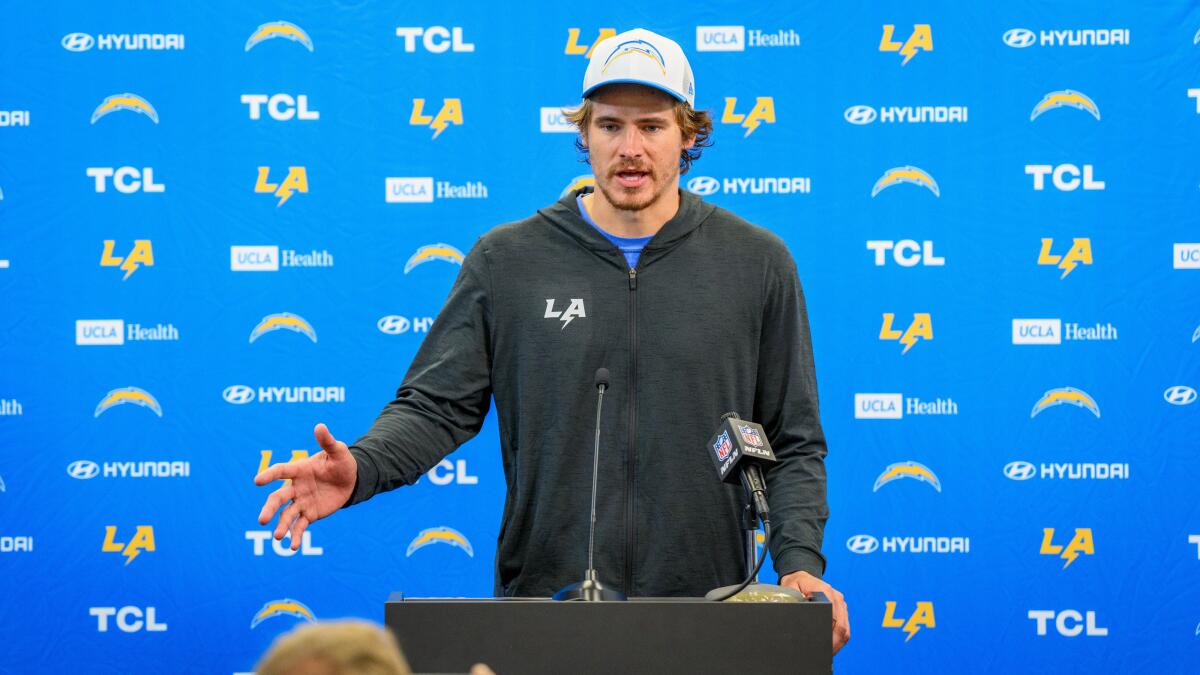 Chargers quarterback Justin Herbert answers questions after a victory over the Carolina Panthers.