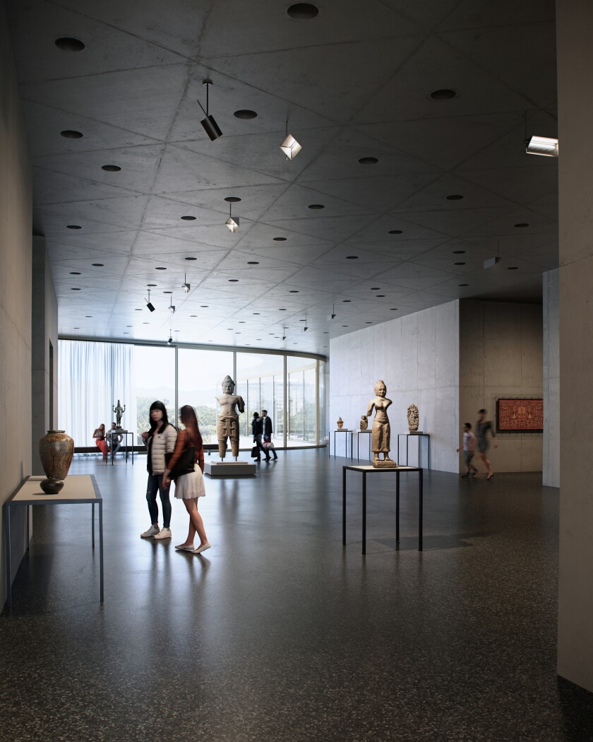   Una representación arquitectónica muestra estatuas asiáticas en una galería hecha de hormigón vertido con una ventana en la distancia. 