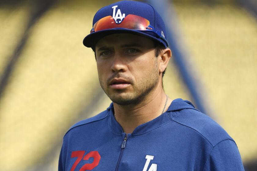 LOS ANGELES, CA - MAY 06: Catcher Travis d'Arnaud #72 of the Los Angeles Dodgers during batting practice before the start of a baseball game against the Atlanta Braves at Dodger Stadium on May 6, 2019 in Los Angeles, California. (Photo by Kevork Djansezian/Getty Images) ** OUTS - ELSENT, FPG, CM - OUTS * NM, PH, VA if sourced by CT, LA or MoD **