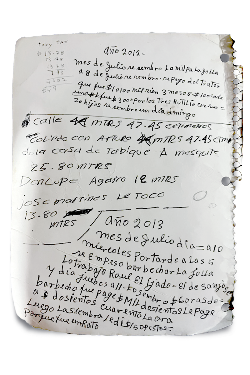 A page from a spiral bound notebook with handwritten notes "Año 2012." "Año 2013" 