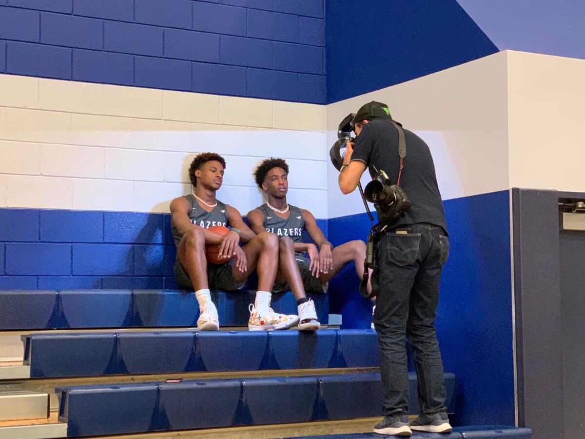 Teammates Bronny James, left, and Zaire Wade pose for a photo during Sierra Canyon's media day.