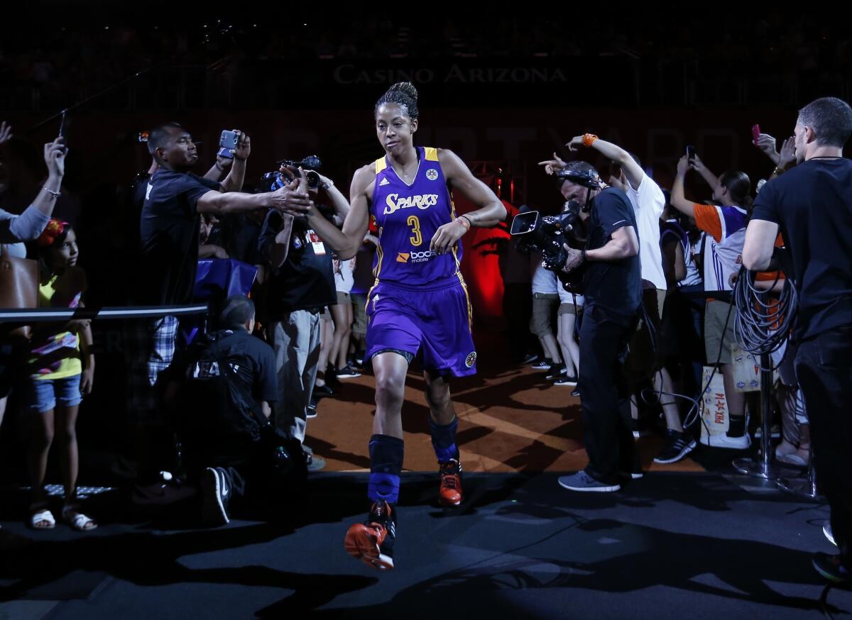 Candace Parker is introduced prior to the start of the WNBA All-Star game on July 19. Parker is averaging 19.9 points with 6.9 rebounds per game for the Sparks.