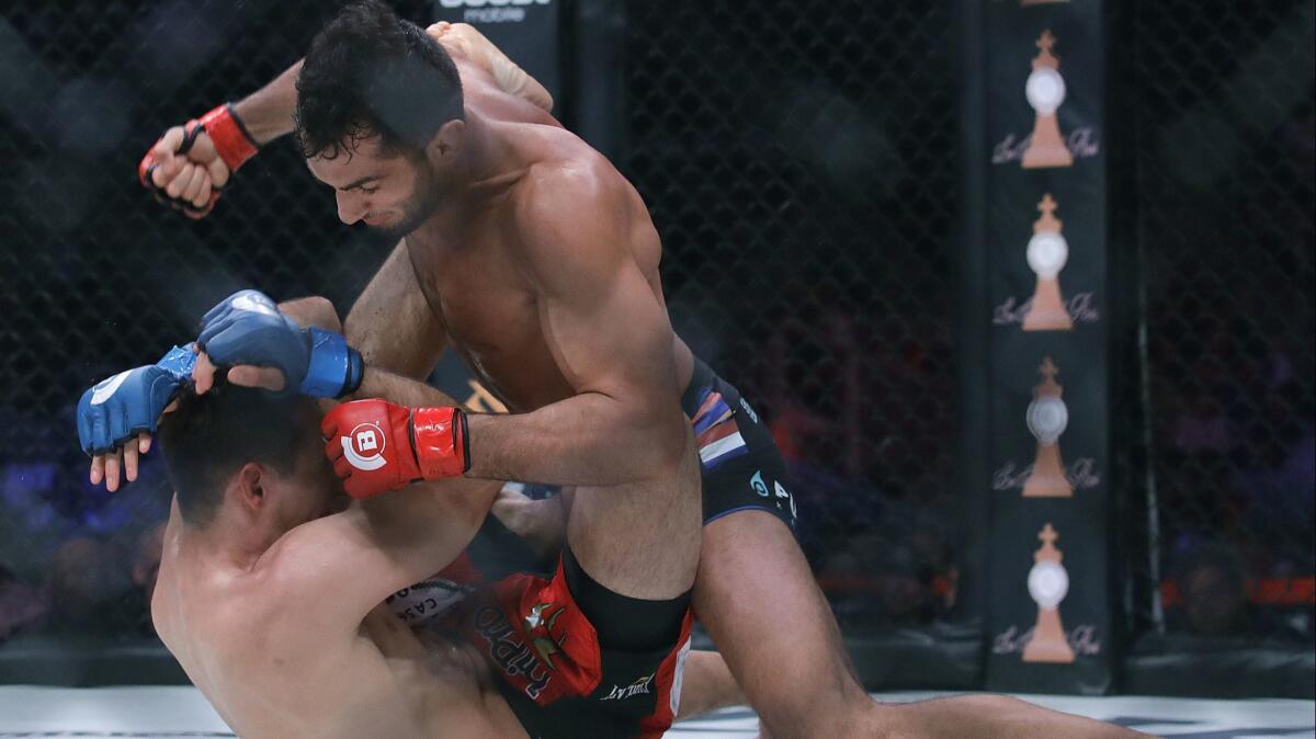 Gegard Mousasi, top, punches Rory MacDonald during a middleweight world title mixed martial arts bout at Bellator 206 in San Jose on Saturday. Mousasi won by technical knockout in the second round to retain the title.