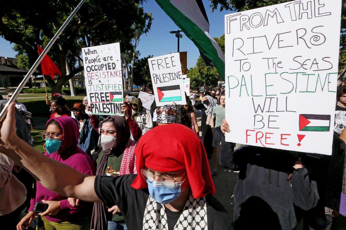 Students at Cal State Long Beach hold a rally in support of the Palestinians on Oct. 10. 