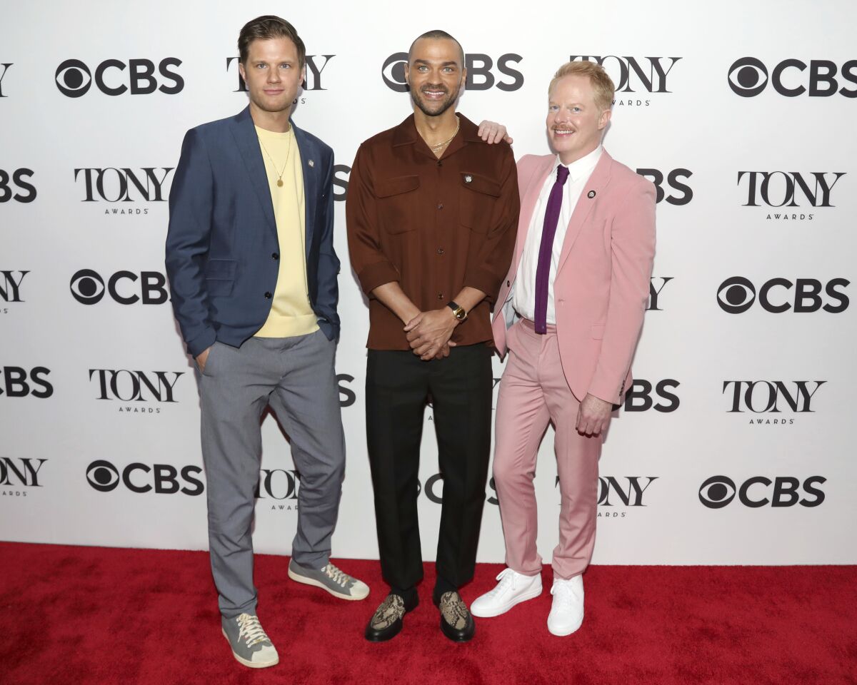 Michael Oberholtzer, from left, Jesse Williams and Jesse Tyler Ferguson attend the Tony Awards: Meet The Nominees media day at the Sofitel New York on Thursday, May 12, 2022, in New York. (Photo by Greg Allen/Invision/AP)
