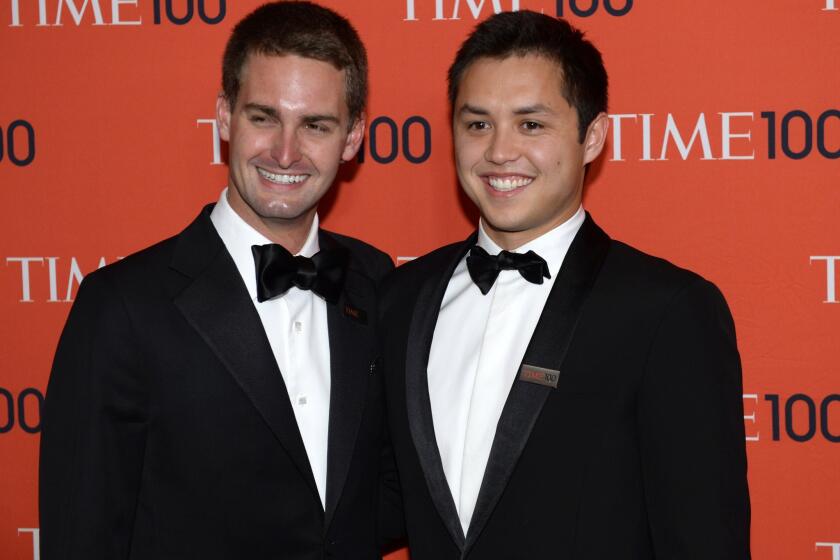 Snapchat co-founders Evan Spiegel, left, and Bobby Murphy have largely built their company in Los Angeles, but little of the capital they used along the way came from Southern California.