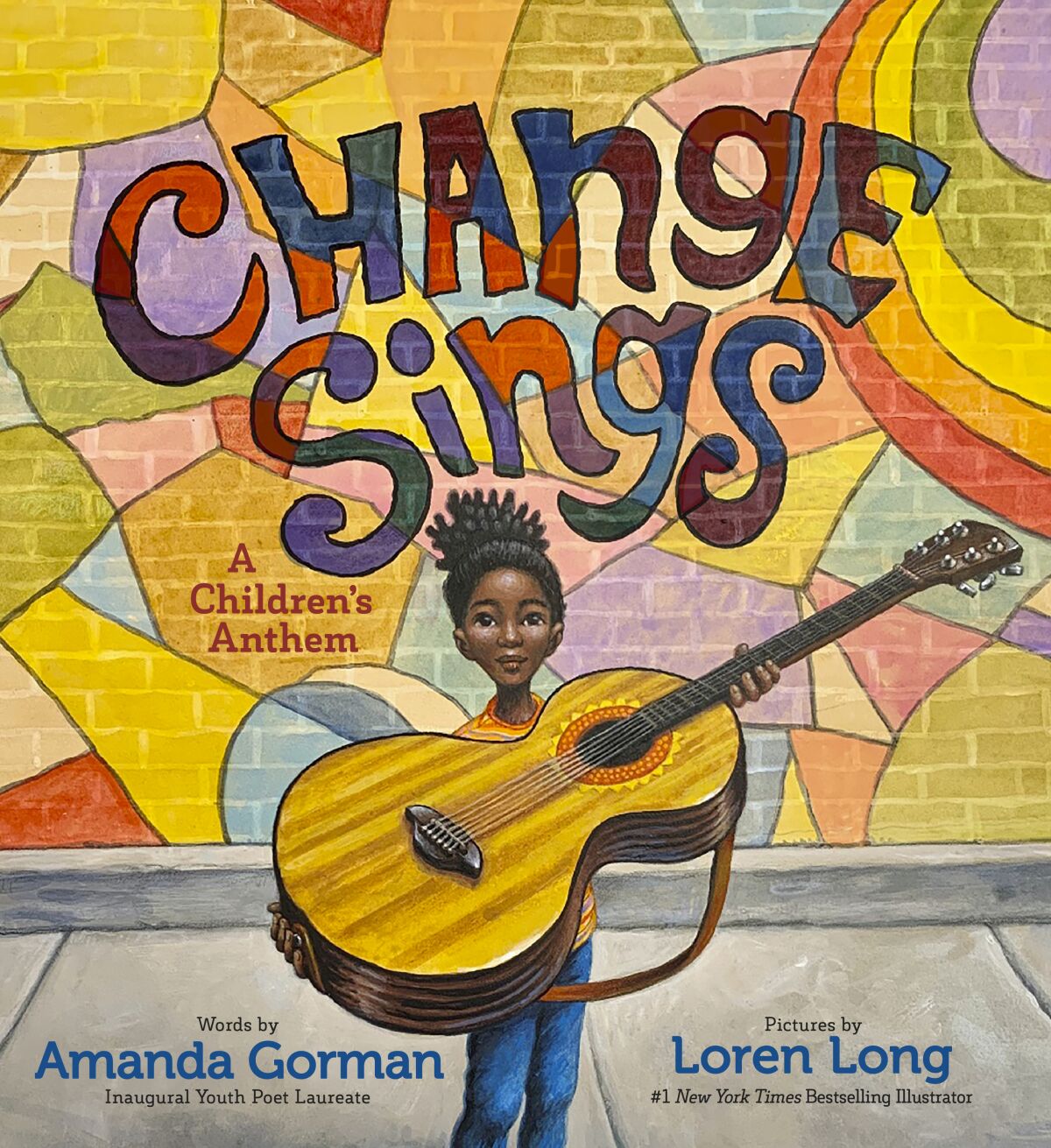 Cover of "Change Sings" shows a Black girl carrying a big guitar and the book title on a multicolored brick wall behind her.