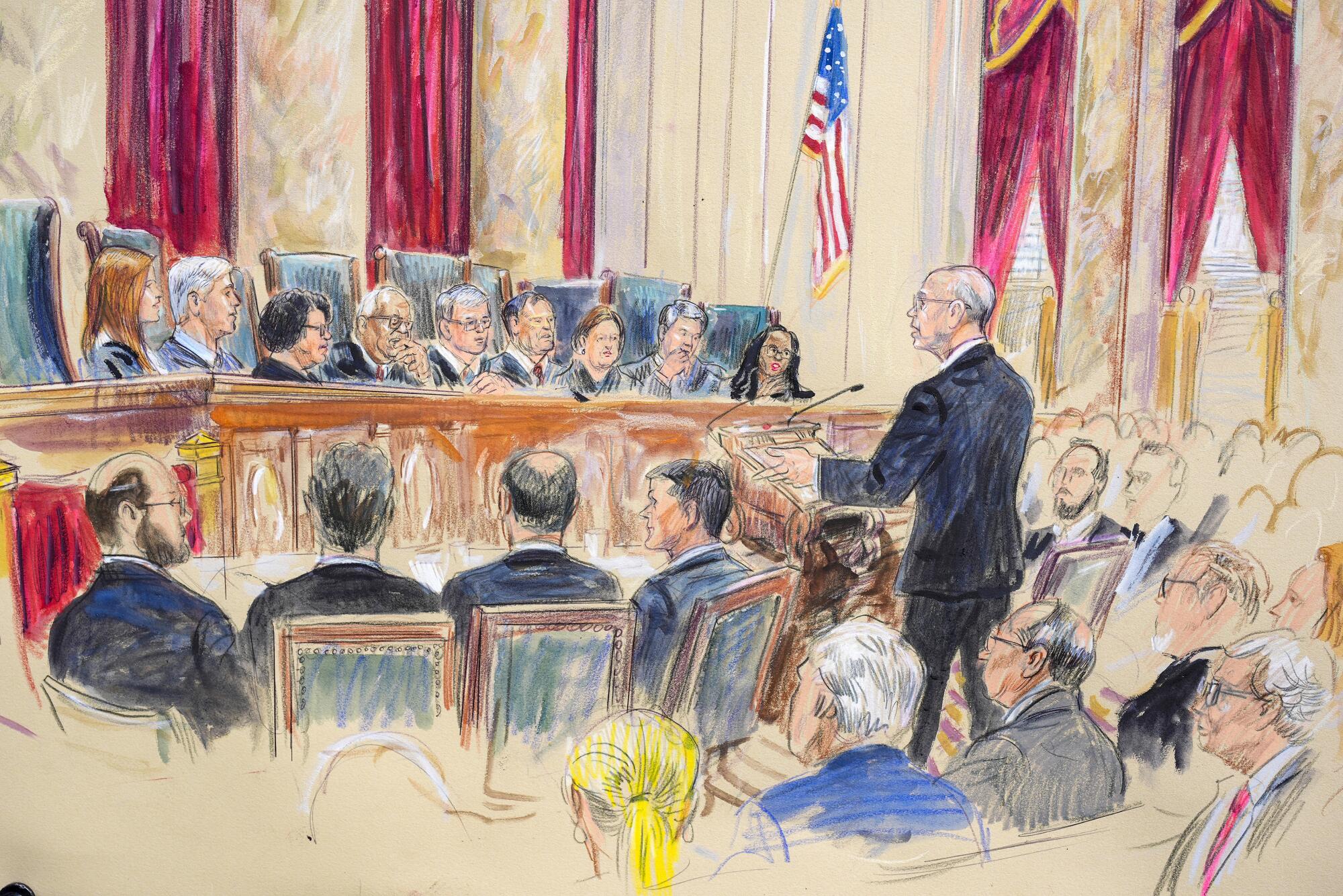 A multicolored drawing of Supreme Court justices seated at a long table as a man stands and addresses them before an audience