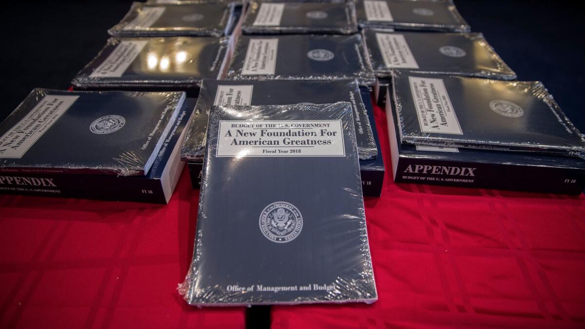 Copies of the Trump administration's fiscal year 2018 budget, titled 'A New Foundation For American Greatness' sit on a table on Capitol Hill in Washington on May 23.