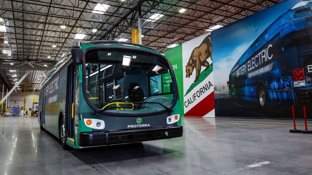 The first Proterra electric bus built at the new plant in City of Industry.