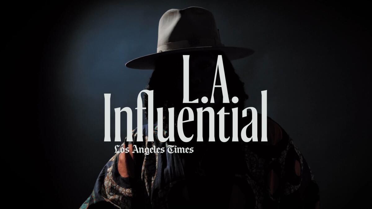 A silhouette of a person in a hat behind the L.A. Influential logo